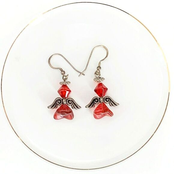 Red 3D ANGEL Earrings Handmade Artisan Antique Silver Dangle Adorable - Picture 2 of 5